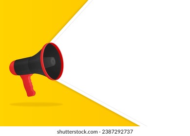 Vector Illustration of shouting megaphone on yellow banner background, concept of join us, job vacancy and announcement in modern flat cartoon style design