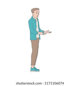 Vector illustration of shouting and misunderstanding young boy in sketch style isolated on white background. Hand drawn screaming male character demonstrating disagreement.