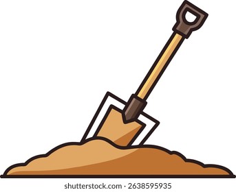 Vector illustration of a shovel digging into a pile of dirt. Perfect for construction, gardening, excavation, or outdoor labor themes. Simple, bold, and cartoon-style design for various uses.