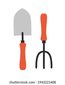 Vektorgrafik von Schaufel und Rake einzeln auf weißem Hintergrund. Handgezeichnetes Werkzeug für Gartenarbeit im Flachstil.  Konzept der gesunden Ernährung, Frühjahrsgärtnerei, Landwirtschaft.