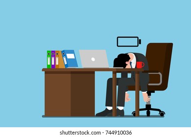 Vector illustration show businessman who tired and run out of energy, exhausted and cannot continue his work.