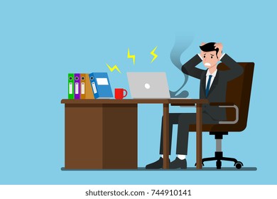 Vector illustration show situation of businessman who cannot continue his work because his laptop is crashed.