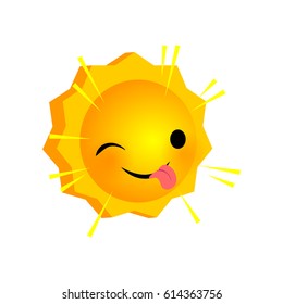 Vector illustration show tongue wink sunny smile icon. Face emoji yellow icon. Isolated background. Happy feelings, expression for message, sms.