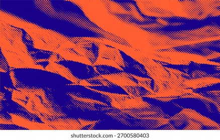 Vector illustration showcases an abstract pop art paper texture with bold orange and dark blue halftone patterns. The dynamic shapes and dotted effects evoke a vibrant, retro comic book style.