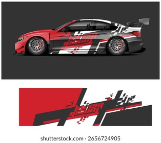 Una Ilustración vectorial muestra un diseño de envoltura de automóvil con Formas geométricas rojas, blancas y negras, adecuado para un cupé deportivo.