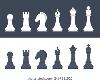 Vector illustration showcases a collection of chess pieces in classic black and white colors
