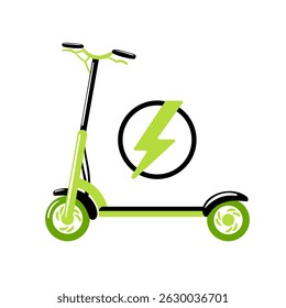 vector illustration showcases an electric scooter, depicted as a striking green lightning bolt, symbolizing eco-friendly transportation. It emphasizes sustainability and modern urban mobility, vibrant
