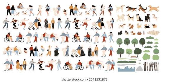 A ilustração vetorial mostra a diversidade étnica com indivíduos e seus companheiros peludos entre árvores e folhagens. Arte desenhada à mão enfatiza a importância da comunidade e da natureza em nossas vidas.