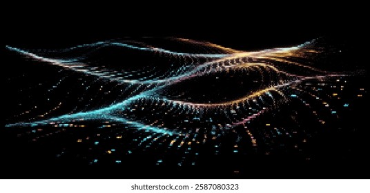 Vector illustration showcases flowing, multicolored waves of particles against a black background, creating a sense of movement and digital energy, reminiscent of data visualization and abstract art.
