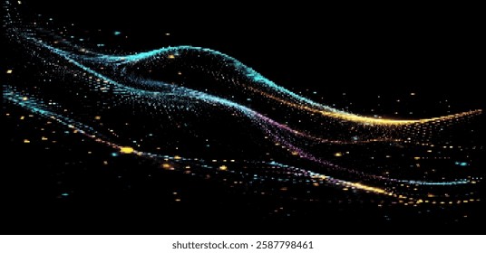 Vector illustration showcases flowing, multicolored waves of particles against a black background, creating a sense of movement and digital energy, reminiscent of data visualization and abstract art.