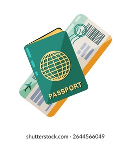 Vector illustration showcases a green passport with a golden globe emblem and an airline boarding pass featuring a barcode and airplane icon. The artwork is rendered in a clean flat design style makin