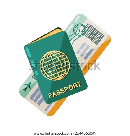 Vector illustration showcases a green passport with a golden globe emblem and an airline boarding pass featuring a barcode and airplane icon. The artwork is rendered in a clean flat design style makin
