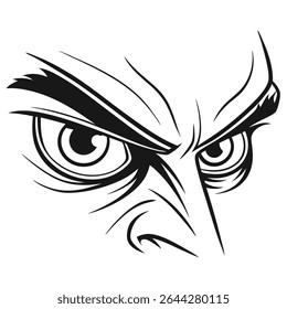 A ilustração vetorial mostra intensos olhos irritados que brilham de forma poderosa e focados. A arte tem linhas gráficas em negrito em preto e branco, transmitindo agressividade e determinação.