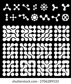 Vector illustration showcases a metaballs set in a modern, minimalistic style. It features white organic and geometric blob shapes on a black background, creating a futuristic abstract theme.