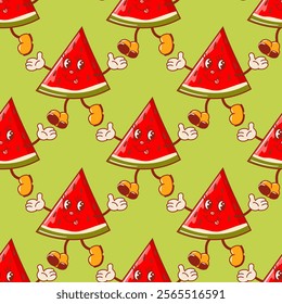 vector illustration showcases a seamless pattern featuring retro watermelon characters. Bright and whimsical, it adds a fun, vibrant touch, perfect for textiles, kids apparel, or summer-themed designs