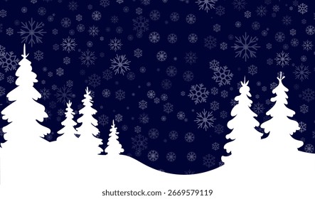 Vektorgrafik zeigt eine ruhige Winterlandschaft mit hohen immergrünen Bäumen, silhouettiert auf tiefblauem Hintergrund