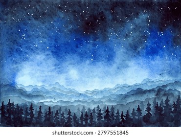 A vector illustration showcases a starry night sky filled with stars. The scene features dark mountains in the background, with a variety of trees silhouetted in the foreground. The use of watercolor technique gives a smooth blend of dark blue and light blue hues. This artwork captures the beauty of a night sky and the outline of mountains, making it suitable for various design projects