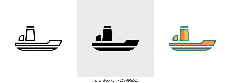 Vector illustration showcases three tugboat icons in line art, solid black fill, and a colorful version, isolated on a white background. Each icon maintains clean, crisp lines.