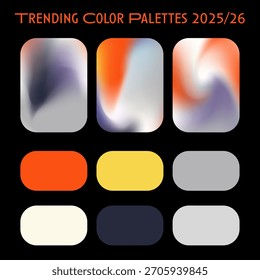 La Ilustración vectorial muestra las paletas de colores más populares para 2025 2026 con rectángulos redondeados en tonos naranja, amarillo, crema, gris y azul marino. Gradientes suaves en estilo aura.