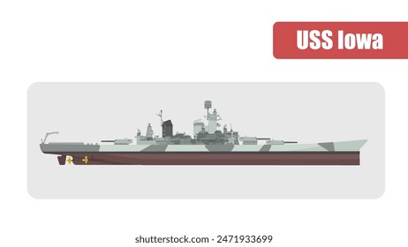 
Vector illustration showcases the USS Iowa, a renowned American battleship from World War II. Flat design, detailed side view, ideal for naval history projects, military research, educational content