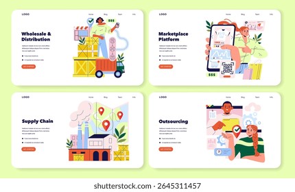 Vector illustration showcases various business concepts including wholesale and distribution, marketplace platforms, supply chain, and outsourcing, highlighting collaborative teamwork.