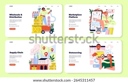 Vector illustration showcases various business concepts including wholesale and distribution, marketplace platforms, supply chain, and outsourcing, highlighting collaborative teamwork.