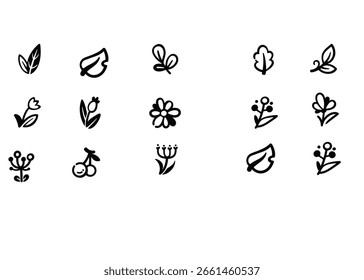 A vector illustration showcases various minimalistic botanical elements, featuring leaves, flowers, and berries in black and white.