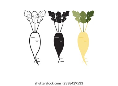 La ilustración vectorial muestra varias verduras de raíz, como la remolacha, el rábano y los nabos, presentadas en estilos incoloros, negros y blancos, de línea y rellenos con un diseño simple.