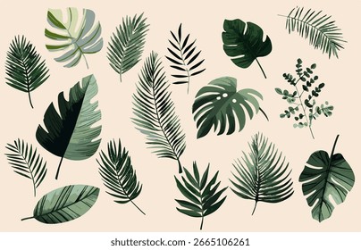 La Ilustración vectorial muestra varias hojas tropicales y de palma en un estilo botánico plano y moderno. Formas orgánicas y atrevidas que crean un ambiente fresco y natural.