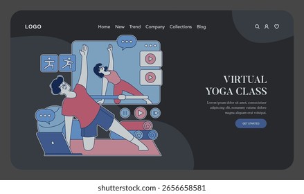 Ilustración vectorial muestra una clase virtual de yoga. Video Una persona participa en una sesión de yoga en línea, realizando ejercicios con una computadora portátil que muestra una pantalla. Incluye imágenes de colchonetas de yoga y ejercicio