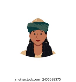 A vector illustration showcases a woman with long hair, exuding confidence and style in a teal turban paired with hoop earrings.