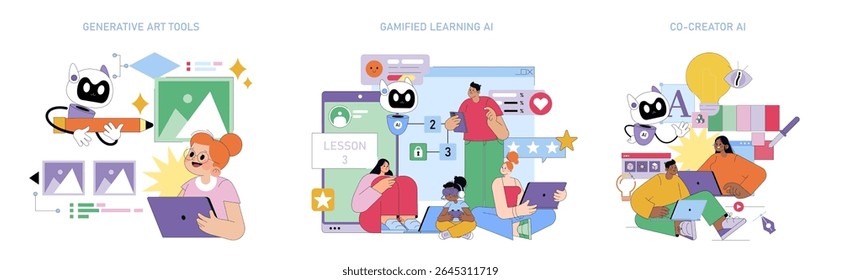 Ilustração vetorial mostrando aplicativos de IA em arte, aprendizado e colaboração. Apresenta robôs de IA que ajudam na arte generativa, educação gamificada e cooperação criativa com diversos grupos.