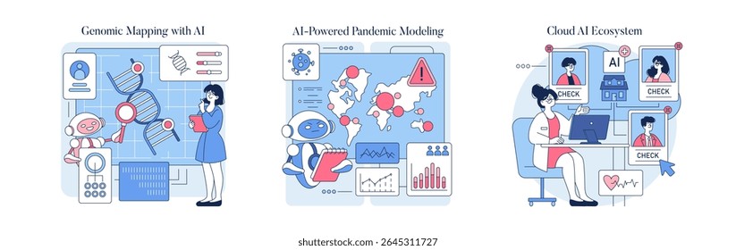 Ilustração vetorial mostrando aplicações de IA em mapeamento genômico, modelagem de pandemia e ecossistemas de nuvem. Possui robôs analisando dados e profissionais interagindo com sistemas de IA para