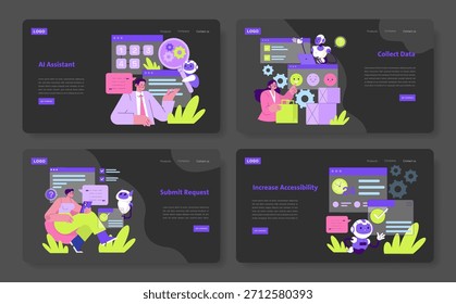 Ilustración vectorial que muestra el asistente de IA, la recopilación de datos, el Envío de solicitudes y el aumento de la accesibilidad. Los personajes interactúan con interfaces digitales, destacando la integración de la tecnología.
