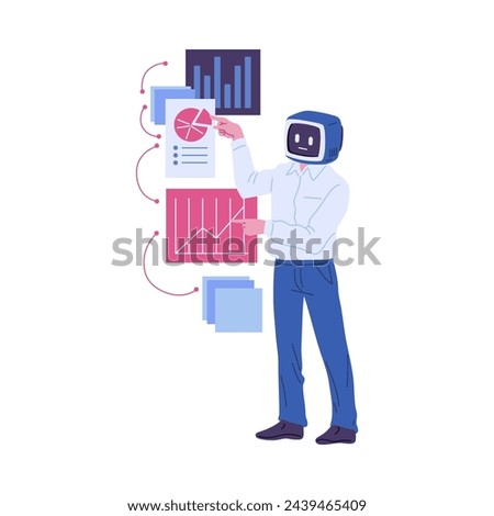 A vector illustration showcasing an AI character analyzing data, with floating charts and graphs, representing advanced analytics and business intelligence