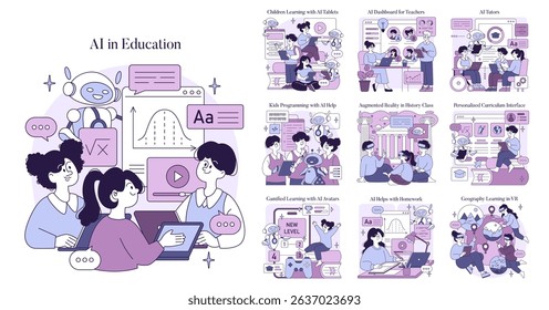 Vector illustration showcasing AI integration in education with diverse learning environments. Features virtual reality, personalized learning, interactive tools, and AI-assisted teaching methods.