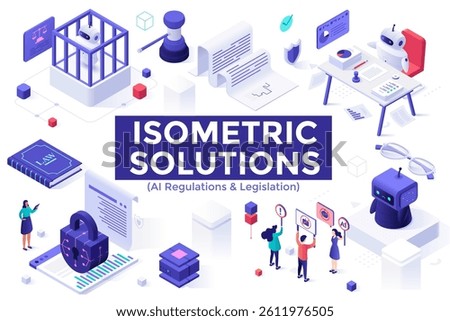 Vector illustration showcasing AI regulations through isometric design. Depicts legal elements like scales, contracts, and technology, with individuals analyzing data and regulations.