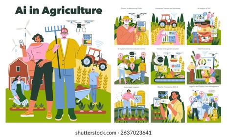 Ilustração vetorial mostrando a tecnologia de IA na agricultura, apresentando drones para campos de monitoramento, máquinas automatizadas e ferramentas digitais usadas para proteção de plantas, análise de solo e rendimento