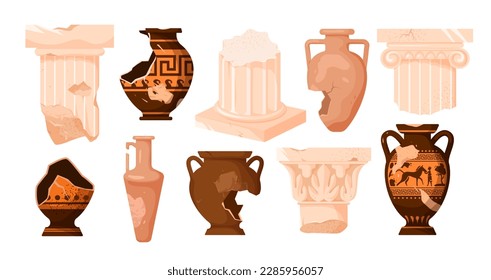 A vector illustration showcasing ancient broken vases, Roman and Greek columns. Cartoon-style antique pillar, ceramic pots, and fragments of ornate amphoras decorated vintage patterns