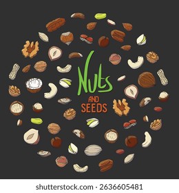 Vector illustration showcasing an assortment of colorful nuts and seeds on a dark background. Hand written "Nuts And Seeds". Ideal for concepts related to nutrition, health, and natural ingredients.