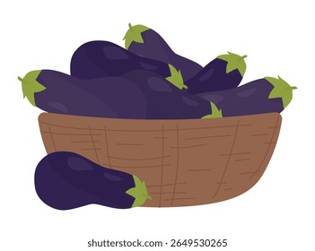 Vector illustration showcasing a basket filled with fresh eggplants. The colorful arrangement features multiple eggplants with green stems. Perfect for culinary or food-related themes.