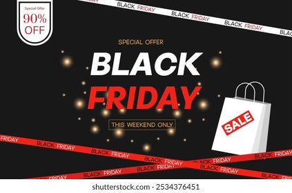 A Vector illustration showcasing a Black Friday special offer with sale tapes and a shopping bag, emphasizing the excitement of the discount shopping event.