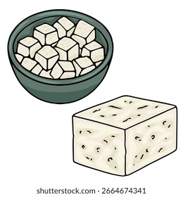 Ilustração vetorial que apresenta um bloco de queijo Feta e uma tigela de queijo Feta cubado, desenhado à mão com uma paleta de cores cremosas esbranquiçadas e acentos de tigela verde escuro.
