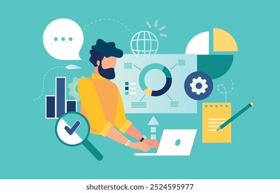 vector illustration showcasing business professional analyzing data , statistics through digital tools. Featuring charts, graphs, teamwork elements, represents innovation, productivity, strategic grow