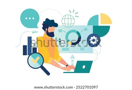 vector illustration showcasing business professional analyzing data , statistics through digital tools. Featuring charts, graphs, teamwork elements, represents innovation, productivity, strategic grow
