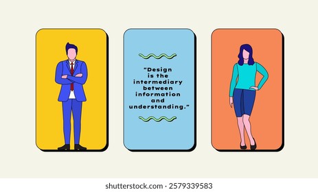 Vector illustration showcasing business professionals standing confidently next to a motivational design quote. Excellent for design concepts, teamwork, and creativity themes. Neobrutalism design