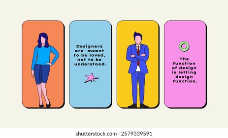 Vector illustration showcasing business professionals standing confidently next to a motivational design quote. Excellent for design concepts, teamwork, and creativity themes. Neobrutalism design