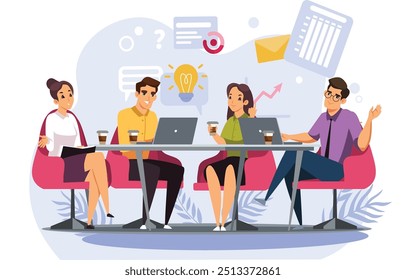 Vector illustration showcasing a business squad team working together, highlighting collaboration, teamwork, and unity. Perfect for representing concepts like corporate synergy, cross-functional teams