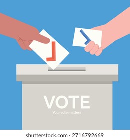 Una Ilustración vectorial que muestra la responsabilidad cívica y el acto de votar con las manos insertando papeletas en una caja.
