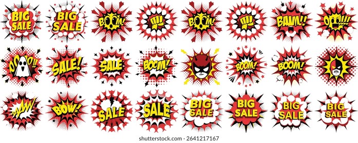 Vector illustration showcasing a collection of 24 red comic book explosion speech bubbles containing words like Boom, Sale and cartoon characters on a white background.